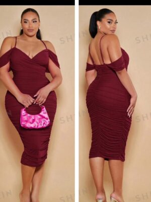 Shein cold shoulder ruched bodycon dress in burgundy 16