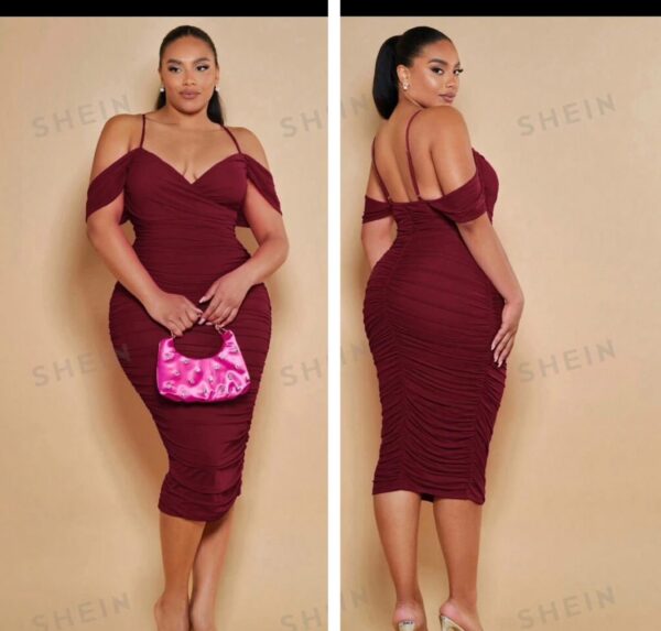 Shein cold shoulder ruched bodycon dress in burgundy 16