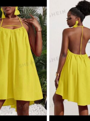 Shein halter bright yellow backless dress 12-14