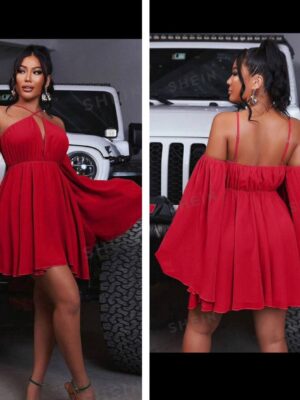 Shein halter trumpet sleeve dress in red  12/14