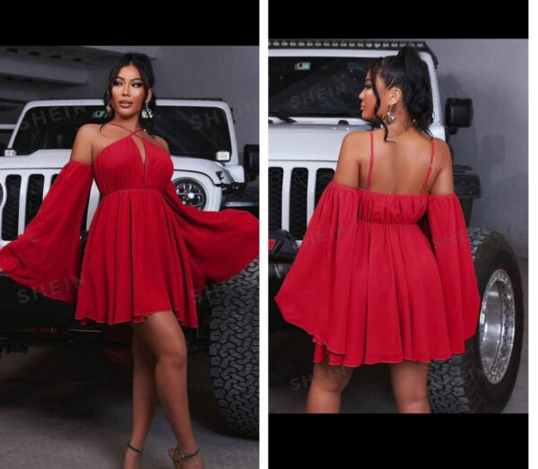 Shein halter trumpet sleeve dress in red  12/14