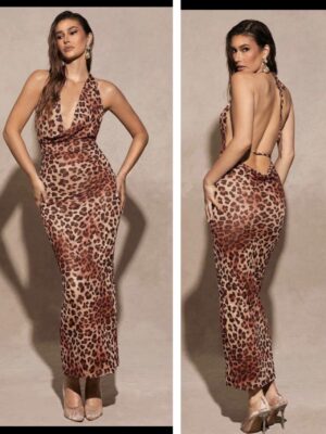 Shein halter drape leopard backless multi color dress in brownish color 10/12