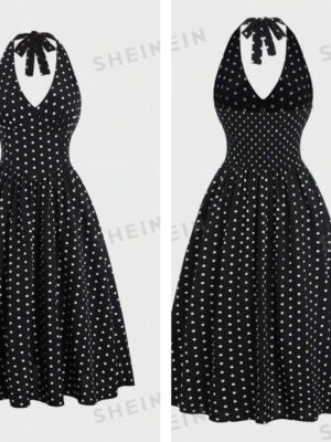 Shein polka dot halter backless sexy  dress in black/white
