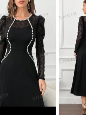 Shein round neck lace & pearl classy dress in black 16