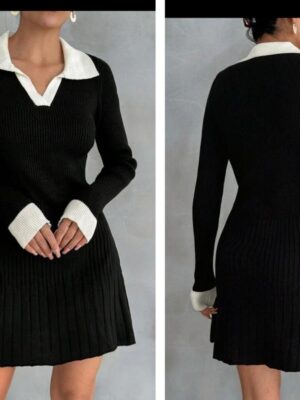 Shein solid ribbed collar dress in black & white 12/14