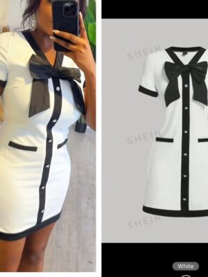 Shein big bow front black/white short sleeve contrast dress 12/14