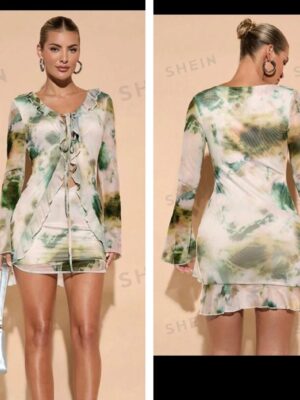 Shein tie dye mesh ruffle criss cross front dress in cream/dark green  12/14