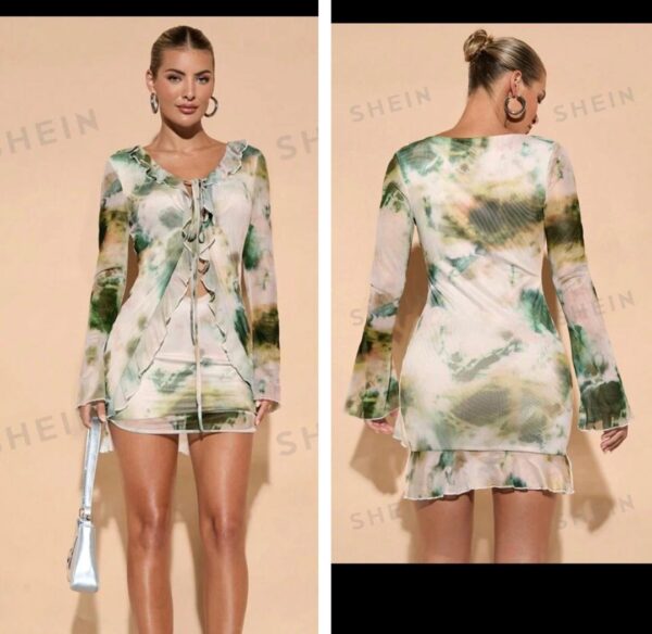 Shein tie dye mesh ruffle criss cross front dress in cream/dark green  12/14
