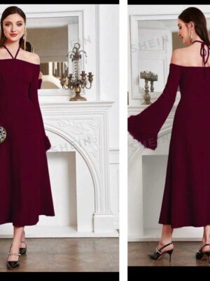 Shein halter neck long sleeve fuzzy sleeve  A line burgundy dress  16