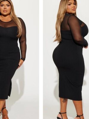 Fashionnova plus madison mesh long sleeve dress in black 16