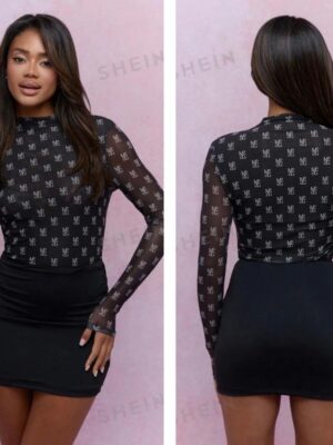 Missguided logo print bodysuit in black & white details 12/14