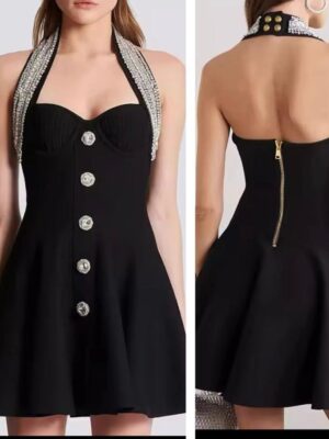 Uk brand bandage halter neck glitter party dress in black L