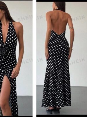 Shein halter polka dot black & white backless dress 12/14