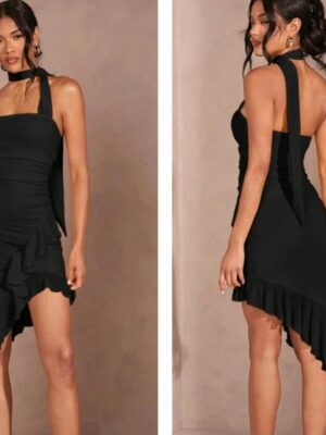 Shein tie neck sexy assymetric ruffle dress in black 12/14