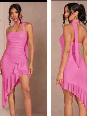 Shein tie neck sexy assymetric ruffle dress in pink 12/14