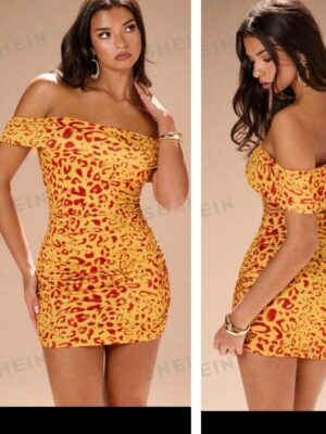 SHEIN off shoulder leopard print mustard yellow dress
