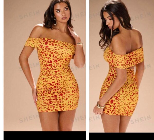 SHEIN off shoulder leopard print mustard yellow dress