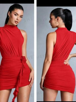 Shein tank one shoulder 3d ruffle dress in red  12/14