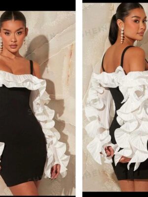 Shein off shoulder ruffle dress in black/white 10