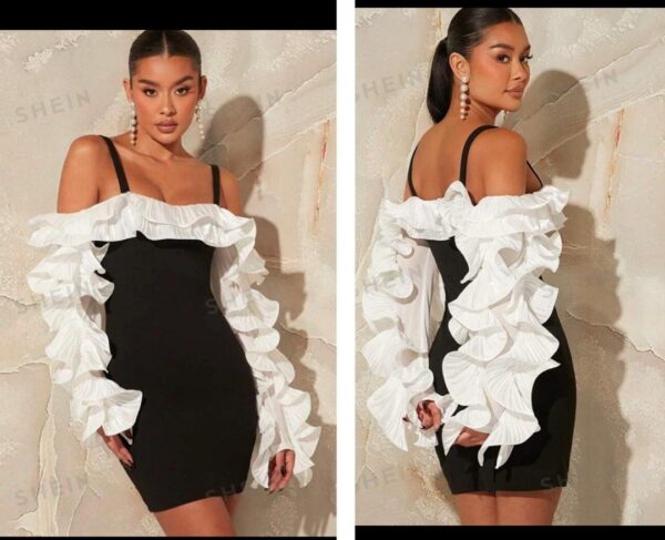 Shein off shoulder ruffle dress in black/white 10