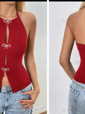 Shein halter backless top with bow in red 12/14