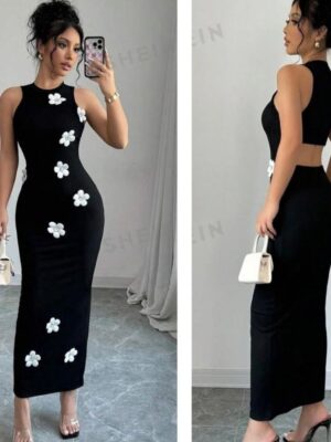 Shein tank 3d  white flower patch dress in black with cut out back  12/14