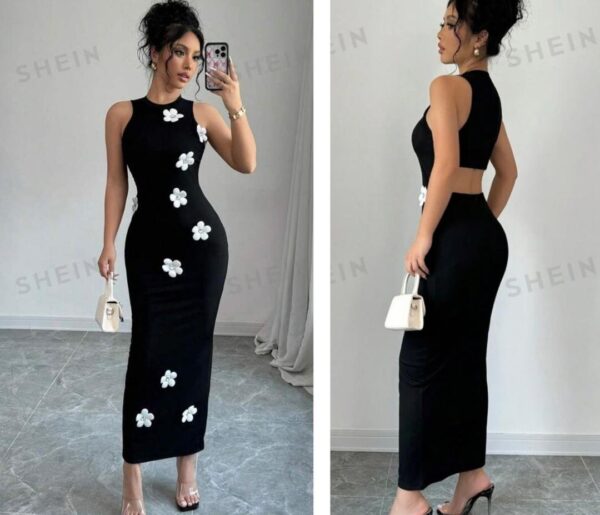 Shein tank 3d  white flower patch dress in black with cut out back  12/14