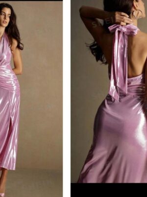 Shein halter metallic glossy pink dress with slit 12/14