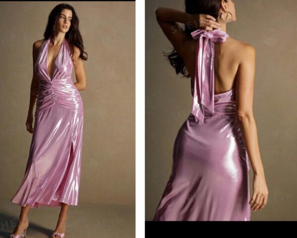 Shein halter metallic glossy pink dress with slit 12/14