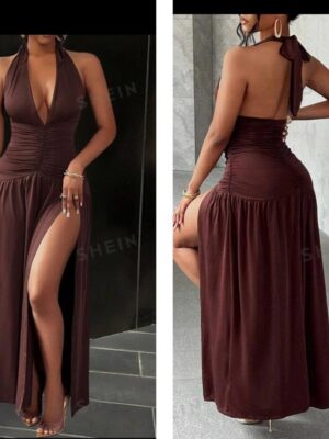 Shein  deep halter backless ruched slit dress in brown 12/14