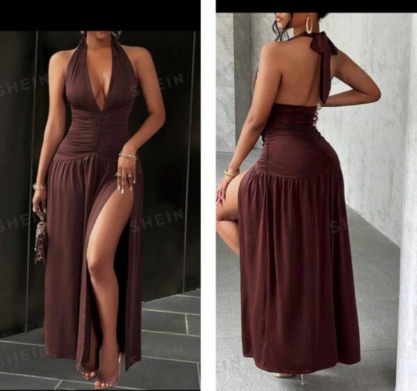 Shein  deep halter backless ruched slit dress in brown 12/14