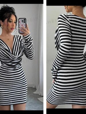 Shein stripe cowl neck long sleeve dress in white / black  16