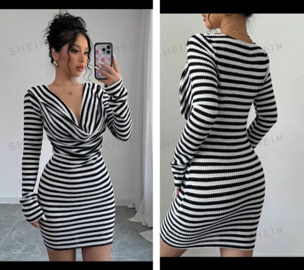 Shein stripe cowl neck long sleeve dress in white / black  16