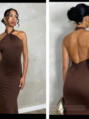 Shein halter backless twist dress in brown 12/14