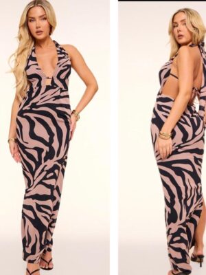 Plt halter backless stone printed maxi dress in black/cream 10