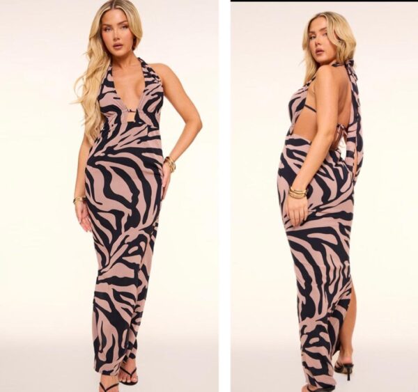 Plt halter backless stone printed maxi dress in black/cream 10