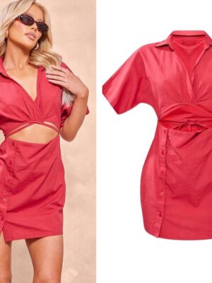 Plt red linen cut out waist skirt shirt dress 12