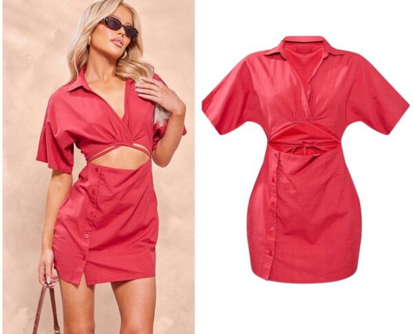 Plt red linen cut out waist skirt shirt dress 12