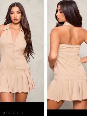 Plt halter tailored woven button shift dress in brown stone