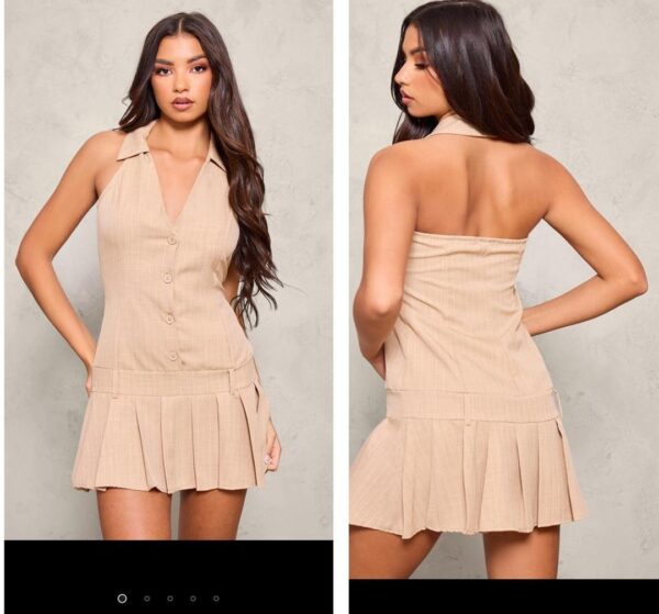 Plt halter tailored woven button shift dress in brown stone
