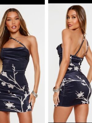 Plt printed black flower velvet assymetric  strap dress in black 10