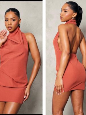 Plt halter cowl neck  backless dress in rust 12