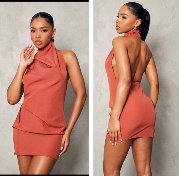 Plt halter cowl neck  backless dress in rust 12