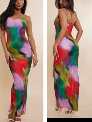 Plt cami multi color printed plisse strappy dress
