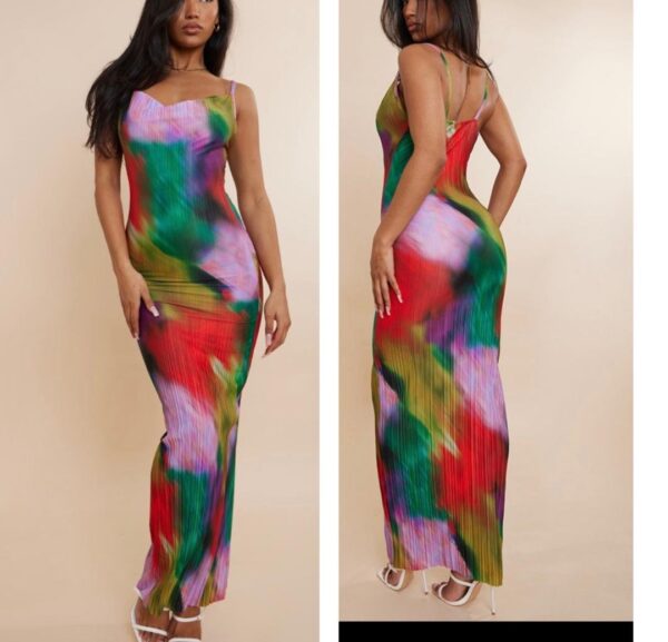 Plt cami multi color printed plisse strappy dress