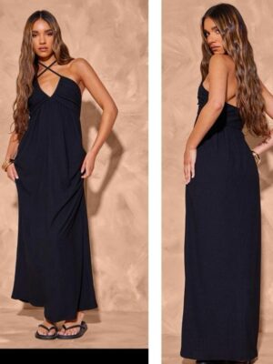 Plt halter cross neck maxi dress in black 12