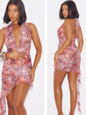Plt halter mesh ruched mini dress in abstract leopard print 10
