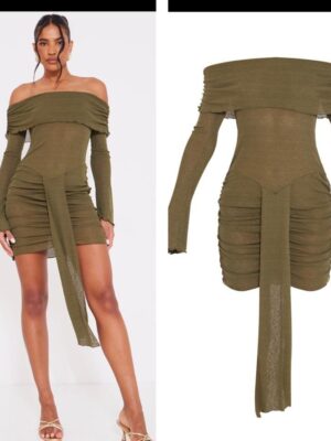 Plt offshoulder olive green mesh long sleeve dress  12