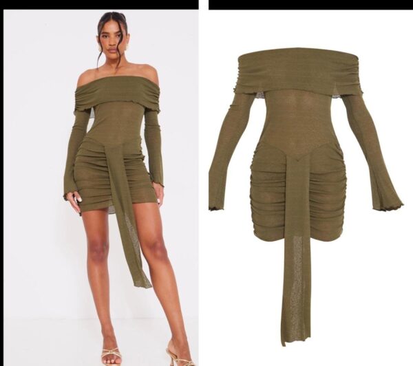 Plt offshoulder olive green mesh long sleeve dress  12
