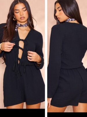 Plt tie front textured playsuit in black 10